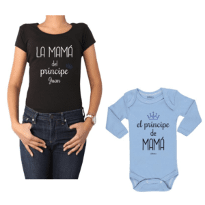 Conjunto Príncipe + Nombre Mamá y Bebé Calambur 100% algodón Polera y Body