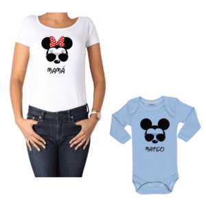 Conjunto Minnie Mamá y Mickey Hijo Calambur 100% algodón Polera y Body