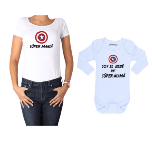 Conjunto estilo Captain America Polera y Body Calambur 100% algodón modelo Súper Mamá Súper Bebé