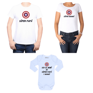 Conjunto estilo Captain America Poleras y Body Calambur 100% algodón modelo Súper Papá Súper Mamá Súper Bebé