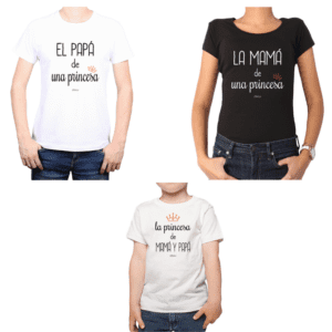 Conjunto Papá Mamá Niño Poleras 100% algodón Calambur diseño Princesa de Mamá y Papá