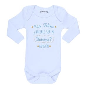 body bebe peticion quieres ser mi padrino letras celestes color blanco calambur