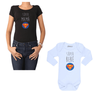 Conjunto Superman Mamá Bebé Polera y Body 100% algodón Calambur