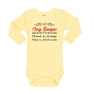 Body Bebé Soy Guapo Mamá Guapa Papá Afortunado Calambur amarillo