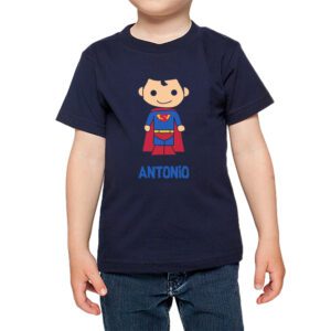 Polera niño súper héroe nombre personalizado figuras 2 Calambur azul marino