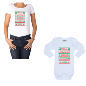 conjunto mamá bebé familia navidad rojo verde personalizada 100% algodón blanco