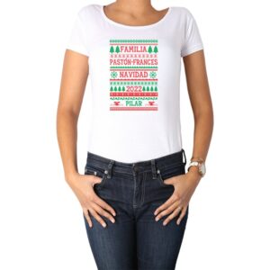 Polera mujer familia navidad rojo verde personalizada 100% algodón blanco